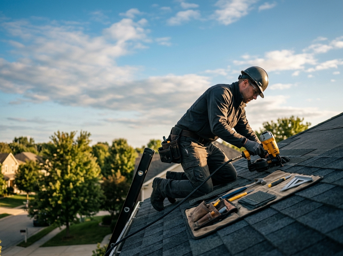 Contractor working on a roof while their receptionist handles incoming calls